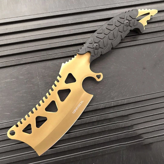 27.94 cm Fixed Blade Cleaver Full Tang Camping Hunting Gold Knife with Custom Engraved Sheath