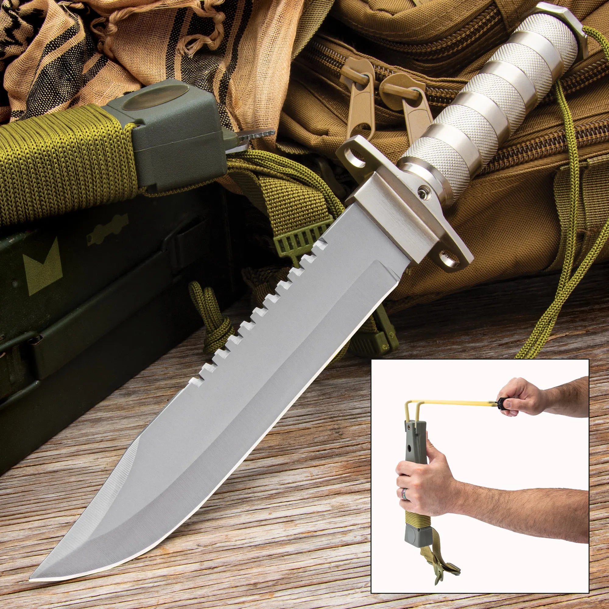 34.925cm Survival Master Knife – Stainless Steel, Compass & Slingshot Sheath