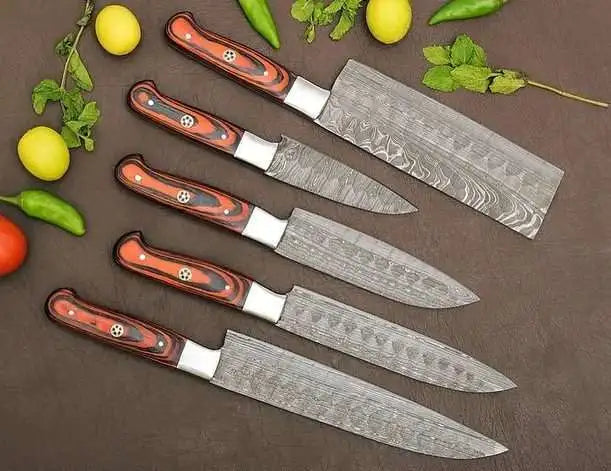 5-Piece Custom Made Damascus Blade Chef Knife Set 4