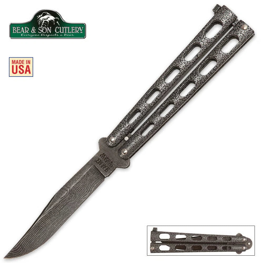 Bear & Son Silver Vein Damascus Balisong Knife