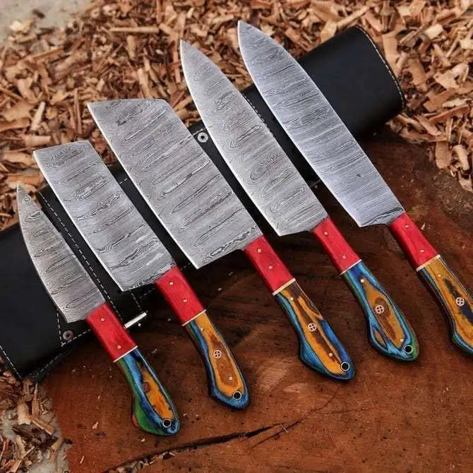 Custom Handmade 5-Piece Damascus Steel Chef Knife Set