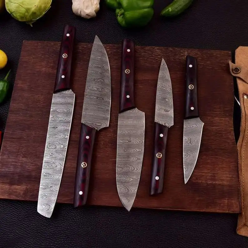 Custom Made 5-Piece Damascus Chef Knife Set 1