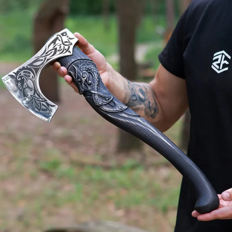 Fenrisulfr Hand-Forged Viking Bearded Axe with Carved Handle