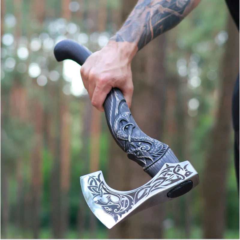 Fenrisulfr Hand-Forged Viking Bearded Axe with Carved Handle 12