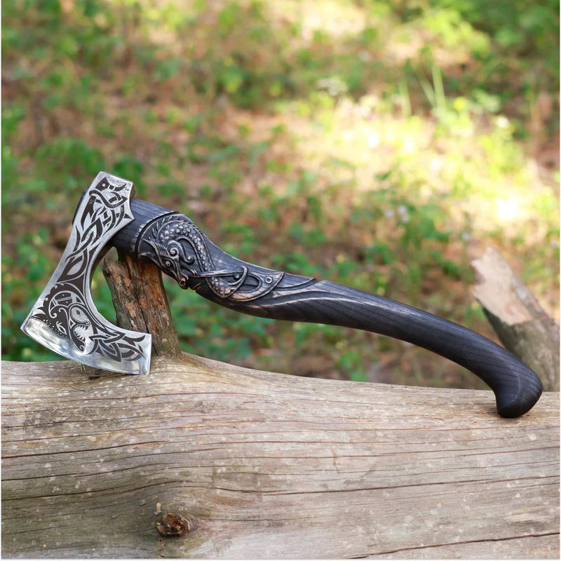 Fenrisulfr Hand-Forged Viking Bearded Axe with Carved Handle 2