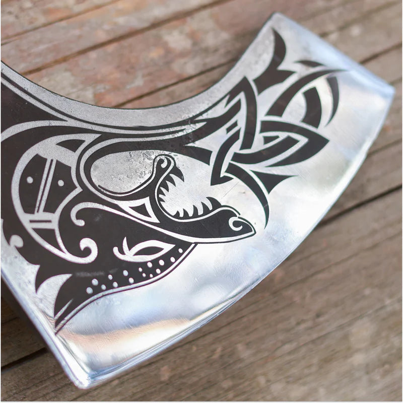 Fenrisulfr Hand-Forged Viking Bearded Axe with Carved Handle 3