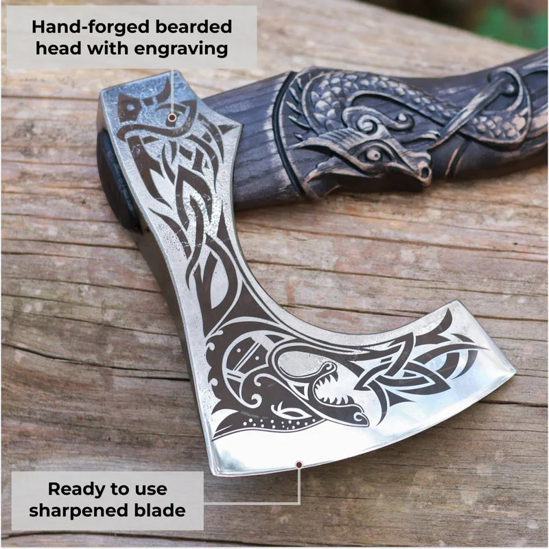 Fenrisulfr Hand-Forged Viking Bearded Axe with Carved Handle 4