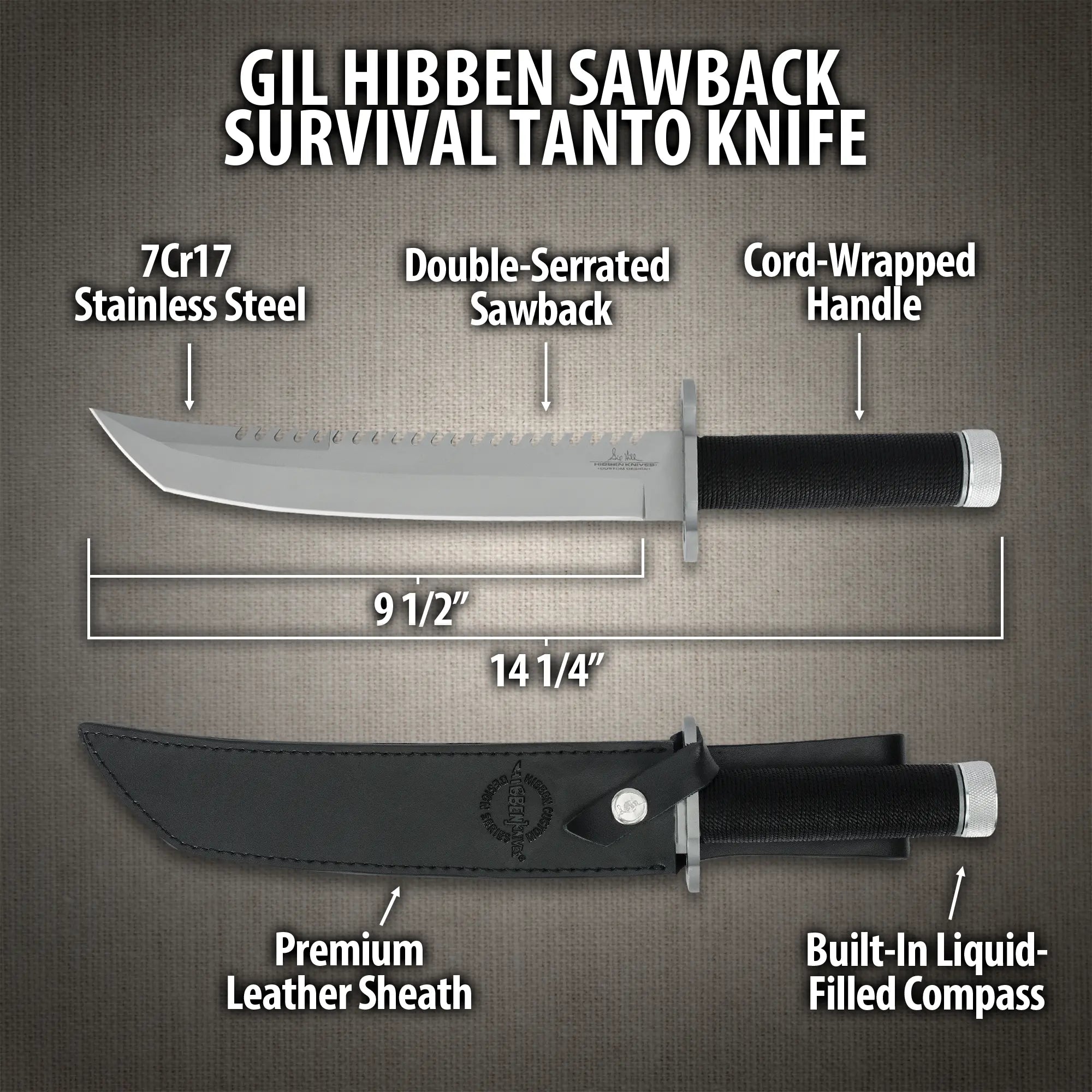 Gil Hibben 36.195cm Survival Tanto Knife – 24.13cm Sawback Blade, Leather Sheath 2