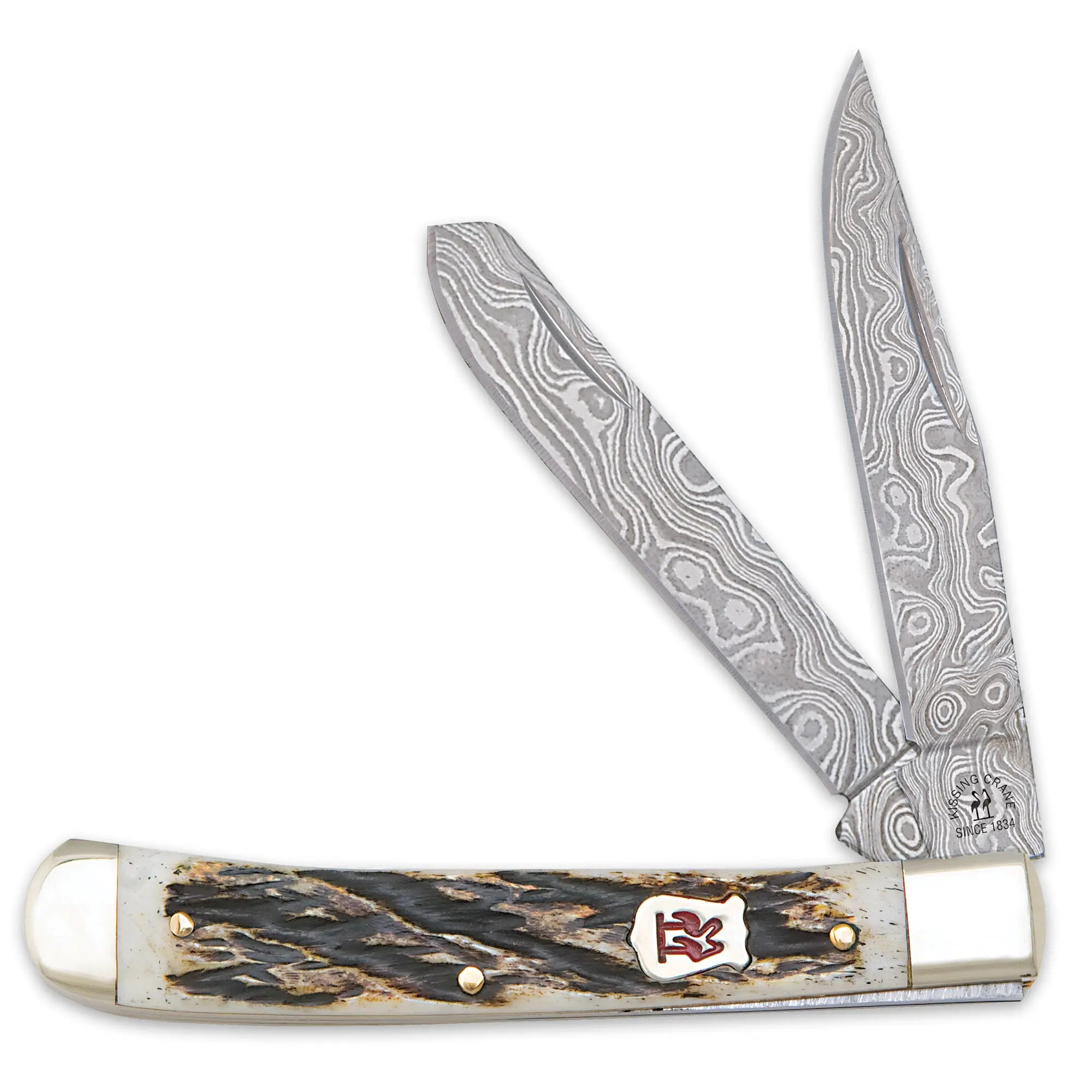 Kissing Crane Burnt Bone Damascus Trapper Pocket Knife 2