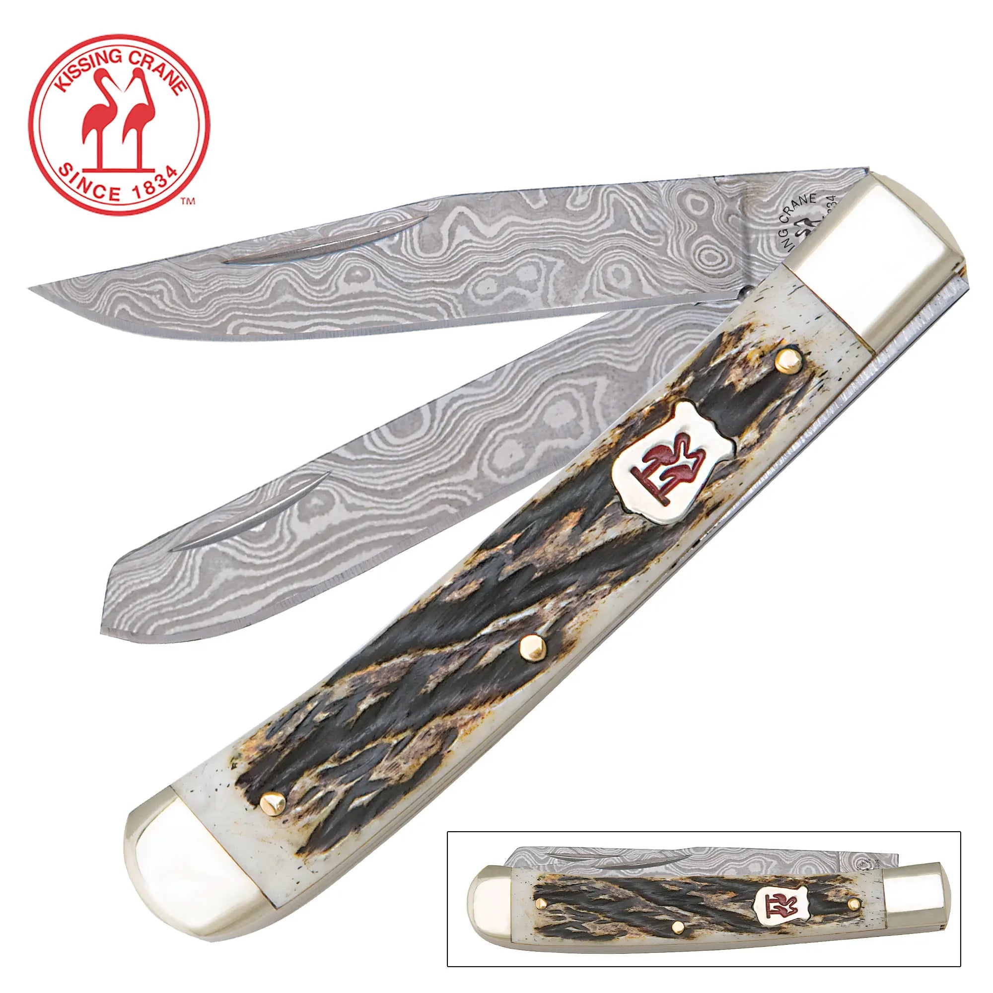 Kissing Crane Burnt Bone Damascus Trapper Pocket Knife 3