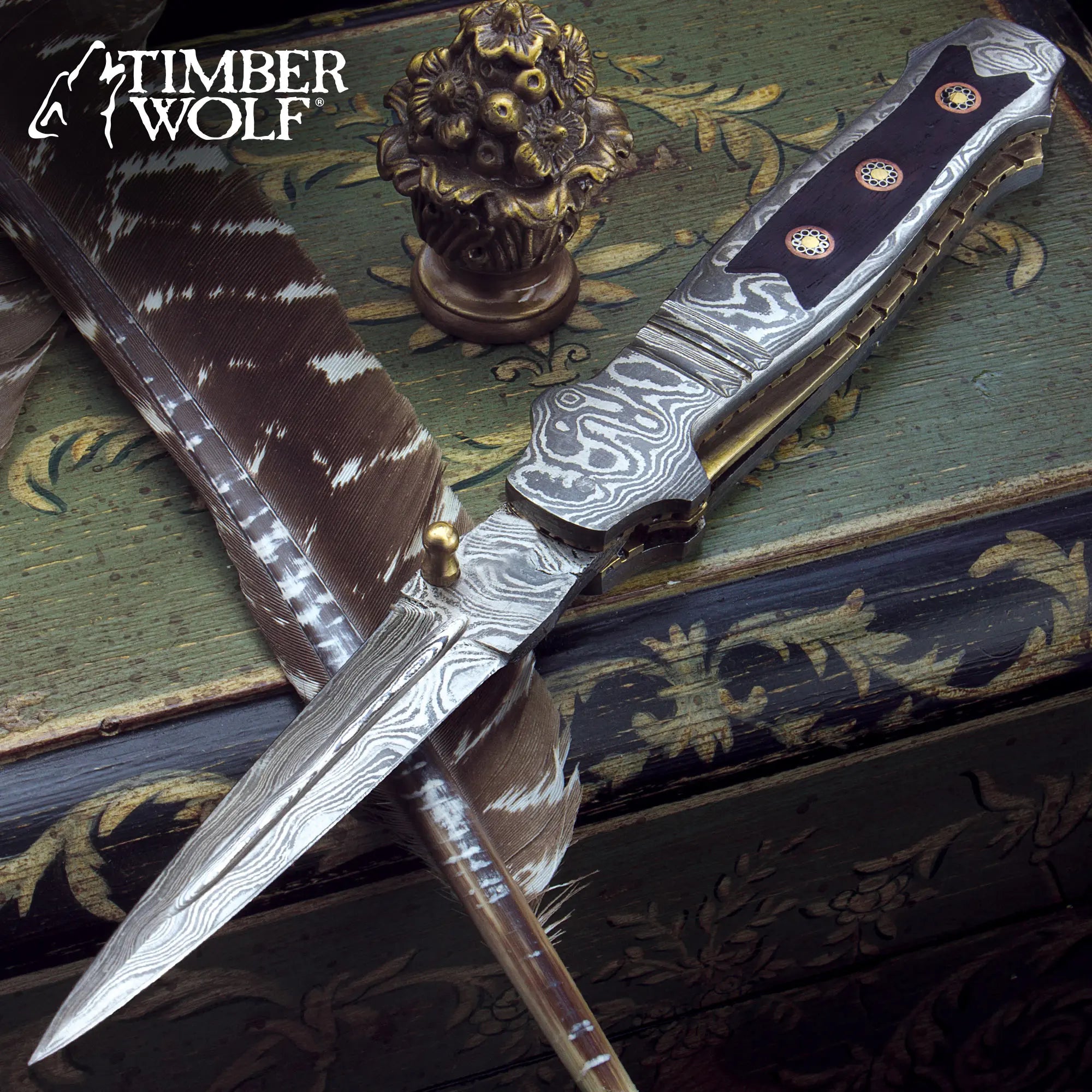 Timber Wolf Mosaic Damascus Stiletto Knife