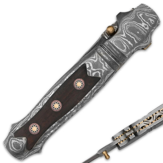 Timber Wolf Mosaic Damascus Stiletto Knife 1