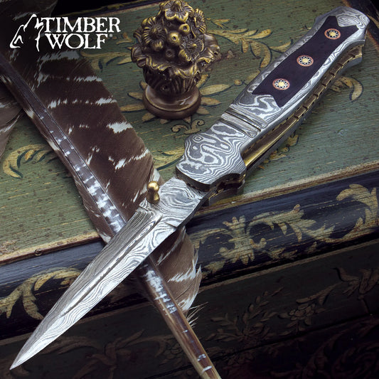 Timber Wolf Mosaic Damascus Stiletto Knife