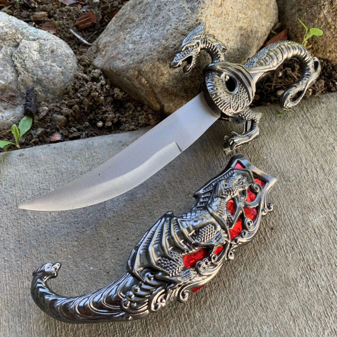 25cm Fighting Dragon Dagger Knife - Red, Engraved 11