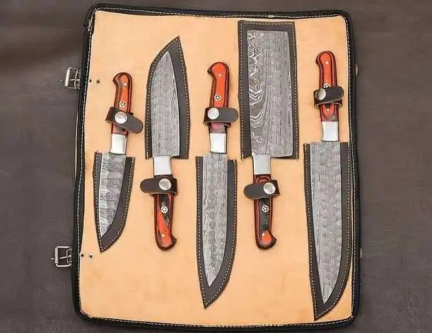 5-Piece Custom Made Damascus Blade Chef Knife Set