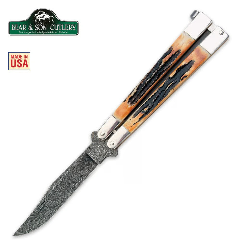 Bear & Son Damascus Butterfly Knife – India Stag Bone 1