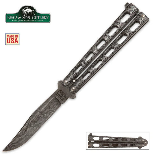 Bear & Son Silver Vein Damascus Balisong Knife