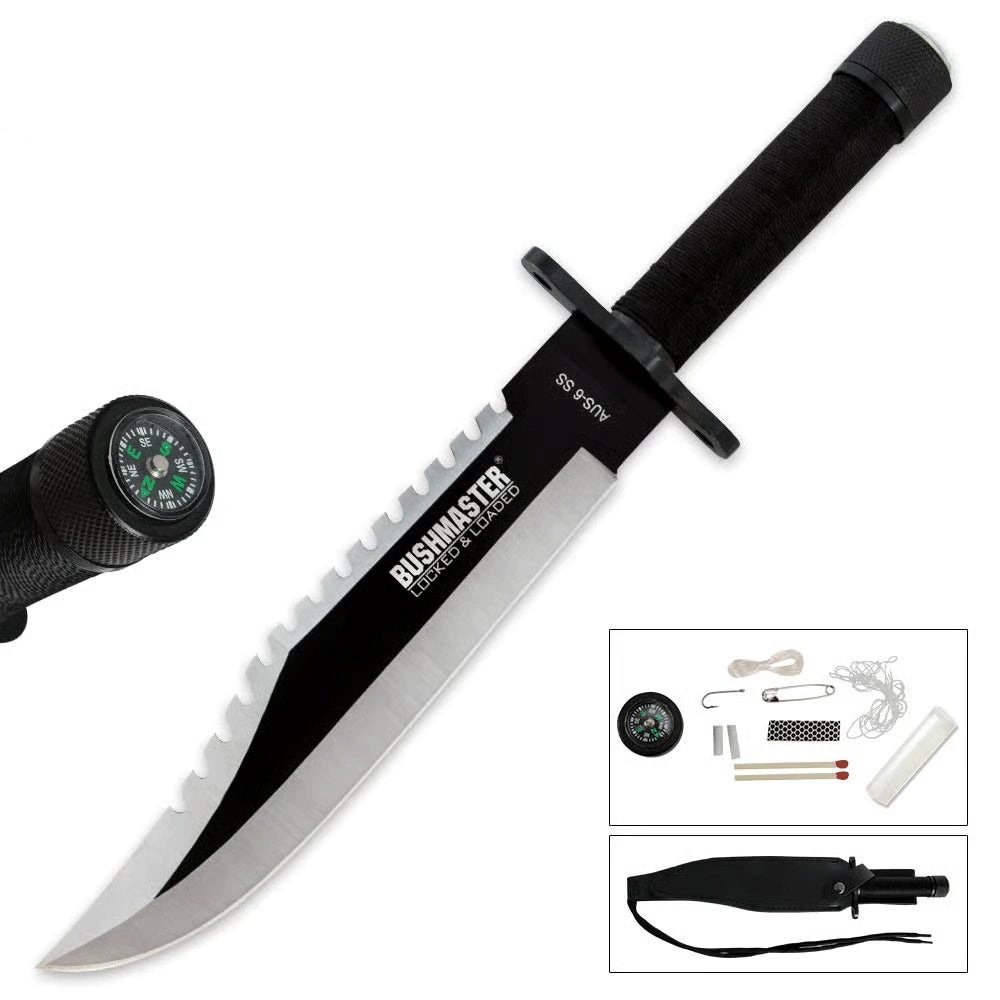 Bushmaster Sawback Survival Knife with Survival Kit and Sheath