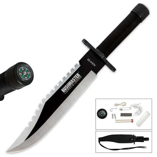 Bushmaster Sawback Survival Knife with Survival Kit and Sheath