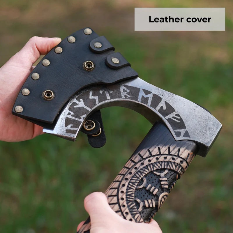 Hand-Forged Othala Axe w/ Leather Cover 8