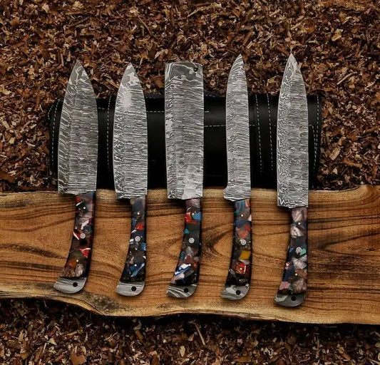 Handmade Damascus Steel Chef Knife Set with Leather Sheath