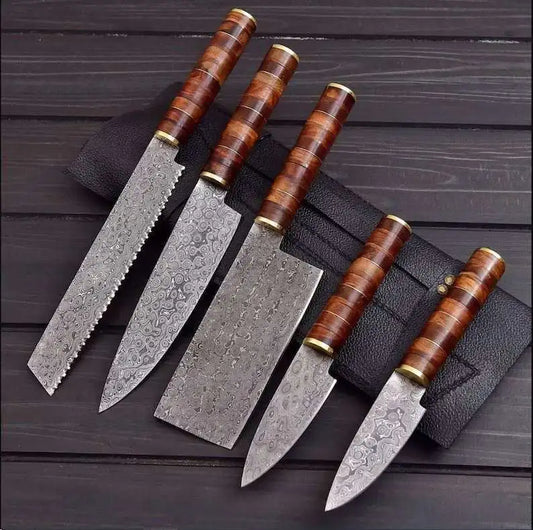 Handmade Forged Kitchen Knife Set with Leather Cover