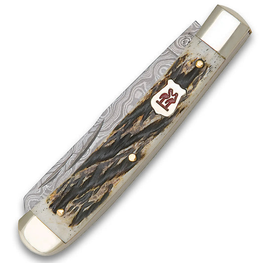 Kissing Crane Burnt Bone Damascus Trapper Pocket Knife 1