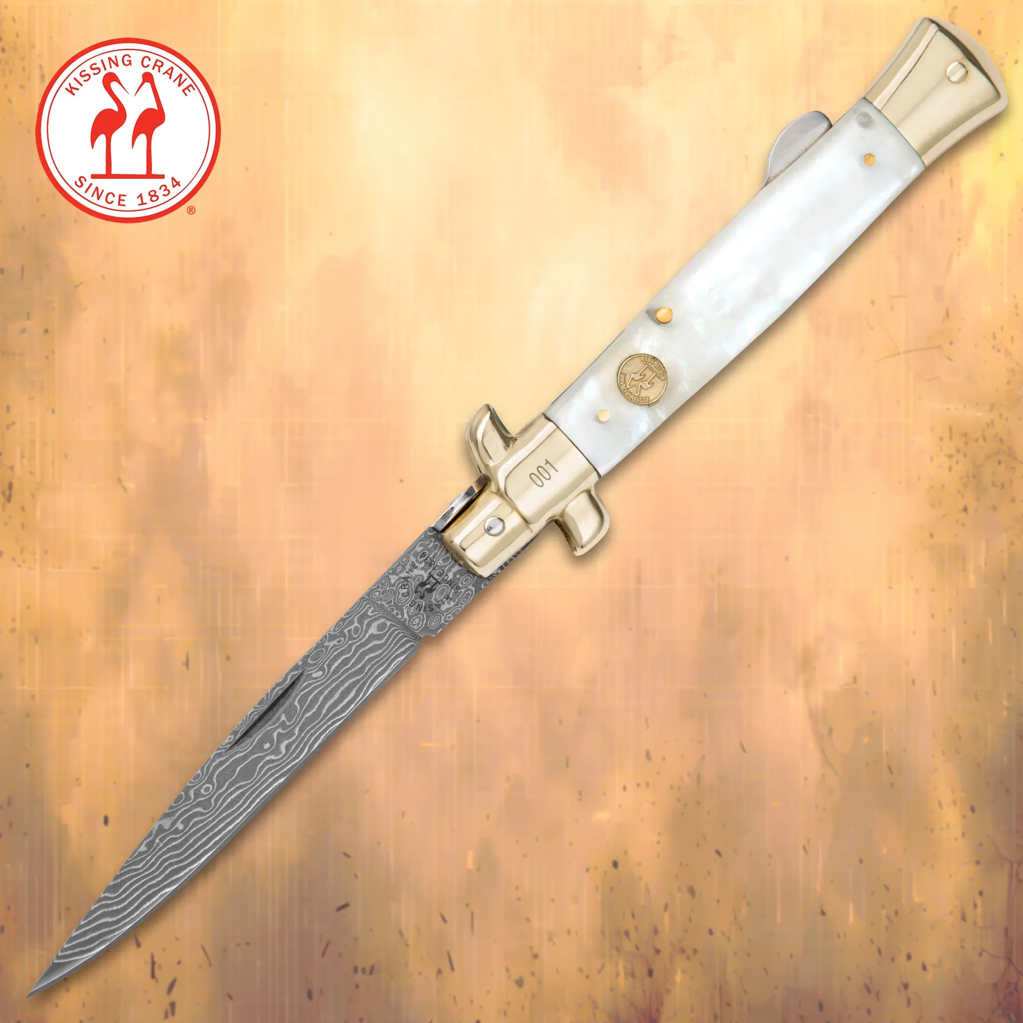 Kissing Crane Genuine Pearl Damascus Stiletto Knife