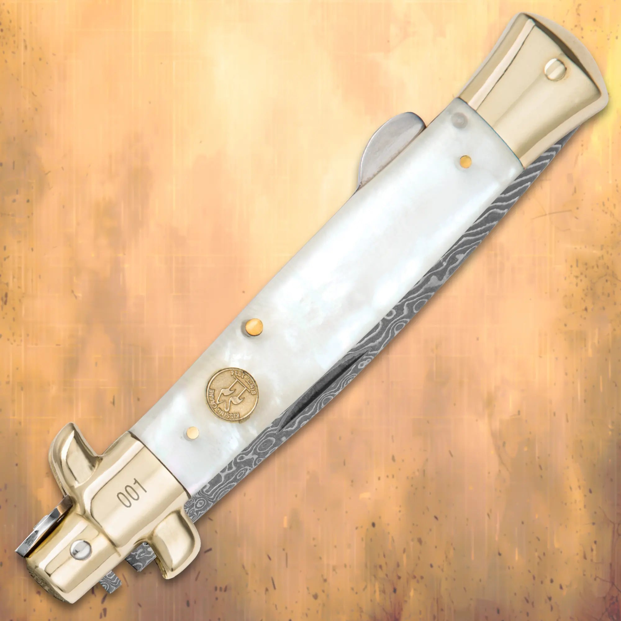 Kissing Crane Genuine Pearl Damascus Stiletto Knife 1