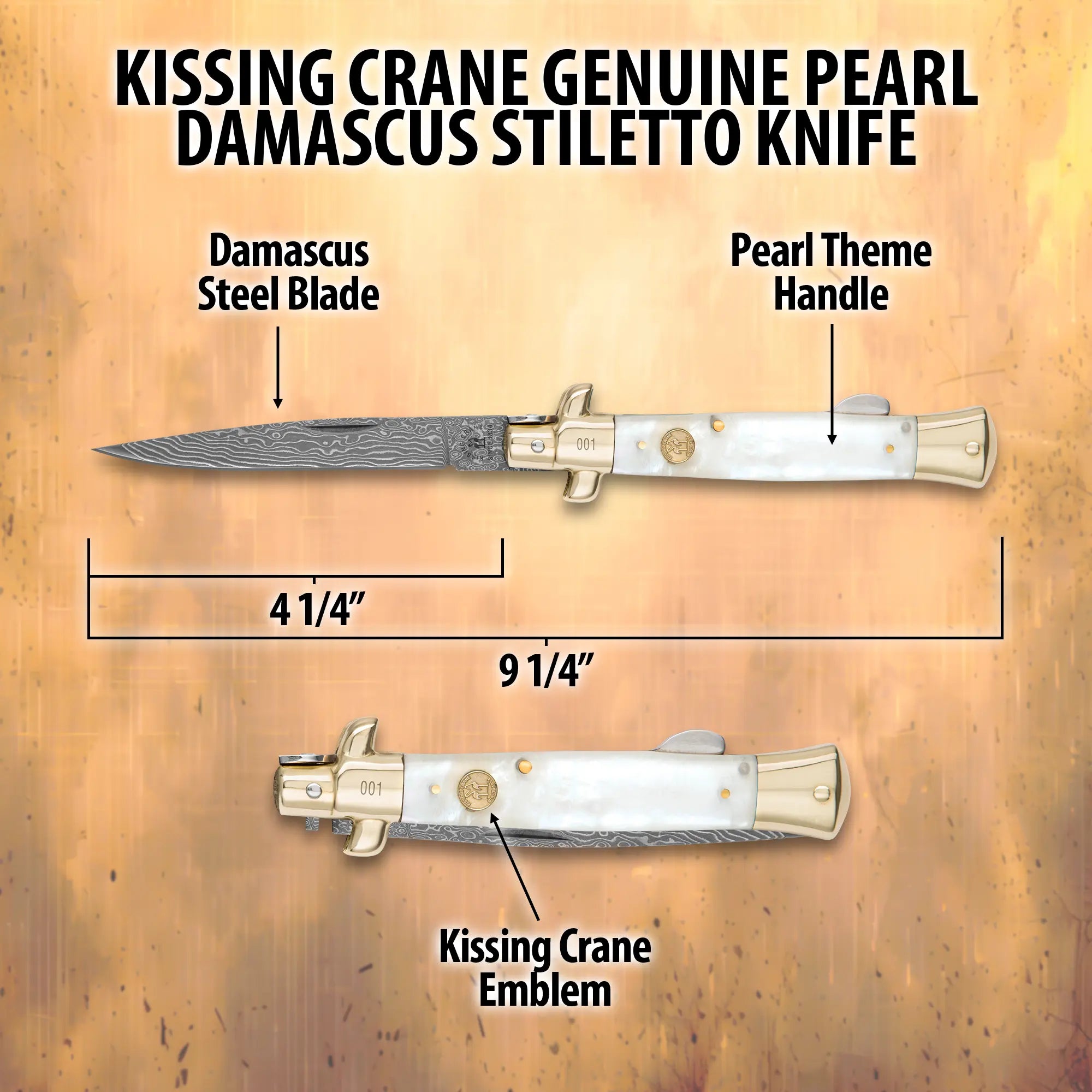 Kissing Crane Genuine Pearl Damascus Stiletto Knife 2