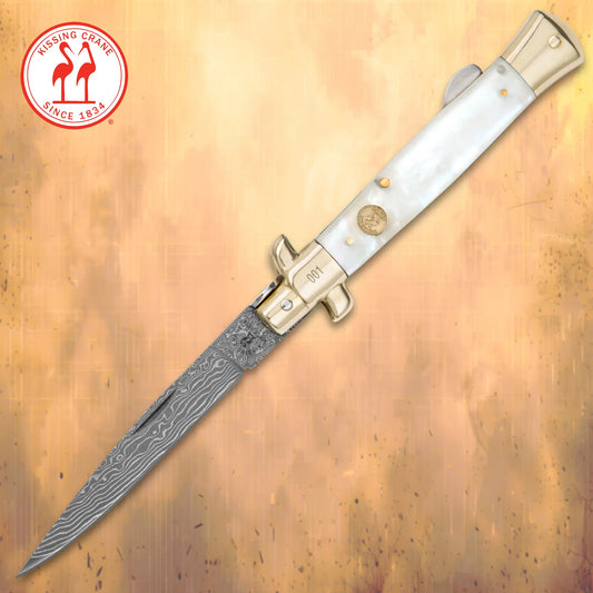 Kissing Crane Genuine Pearl Damascus Stiletto Knife