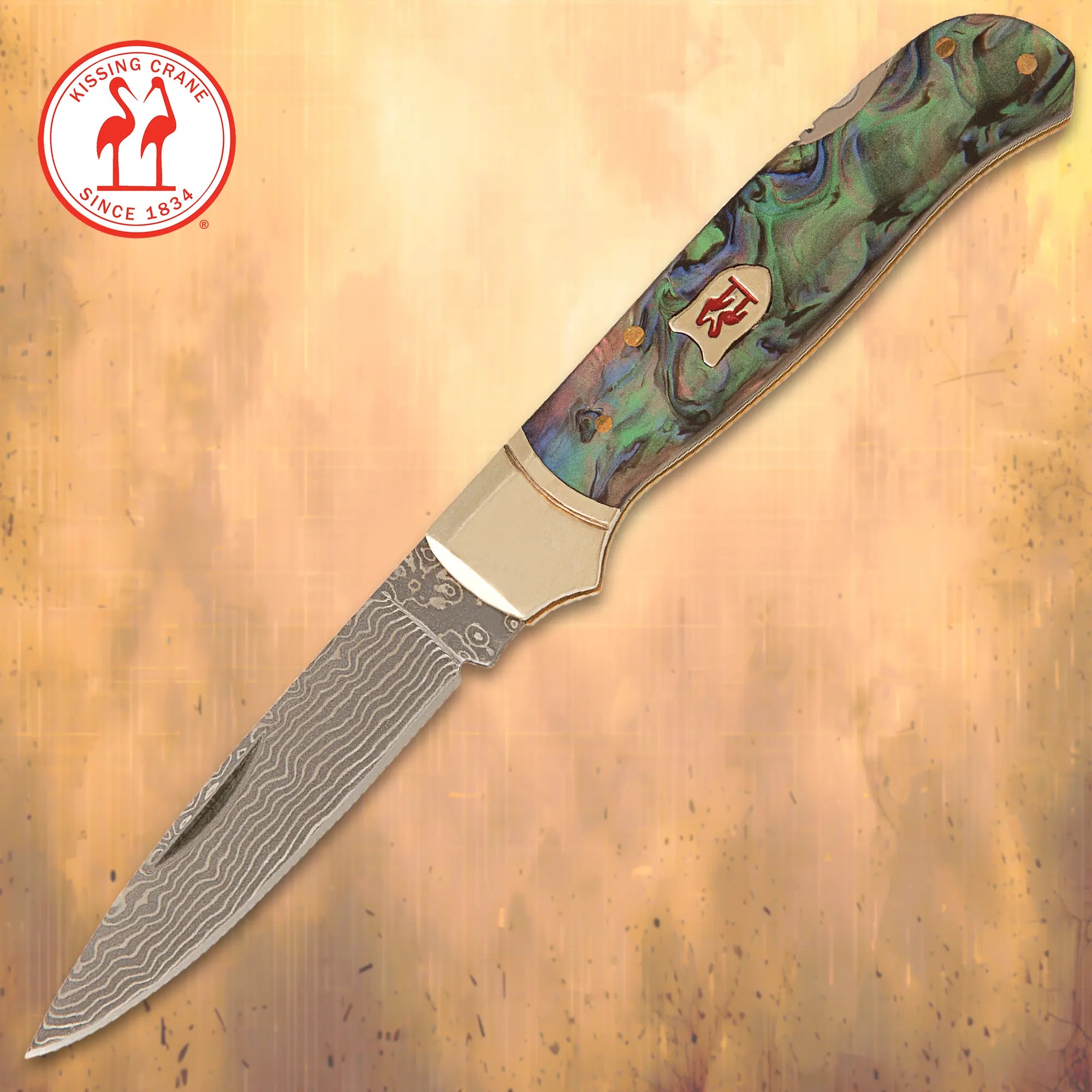 Kissing Crane Limited Edition Abalone Damascus Lockback Pocket Knife