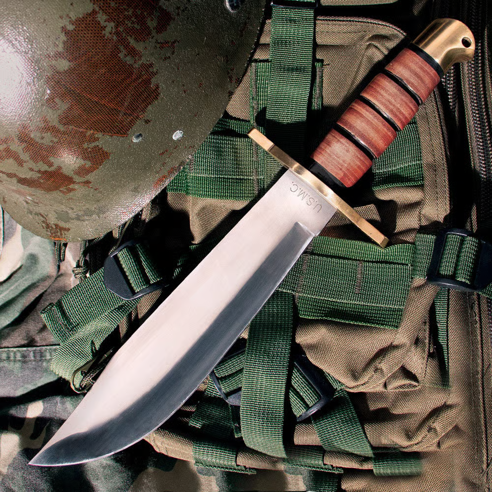 USMC Jungle Bowie Knife – Stacked Leather Handle, 35.56cm Overall 1