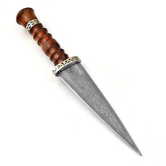 Round Handle Dark Wood Custom Damascus Double Edge Dagger